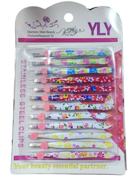Blíster con 12 pinzas metálicas para depilar con estampados florales y detalles de corazón