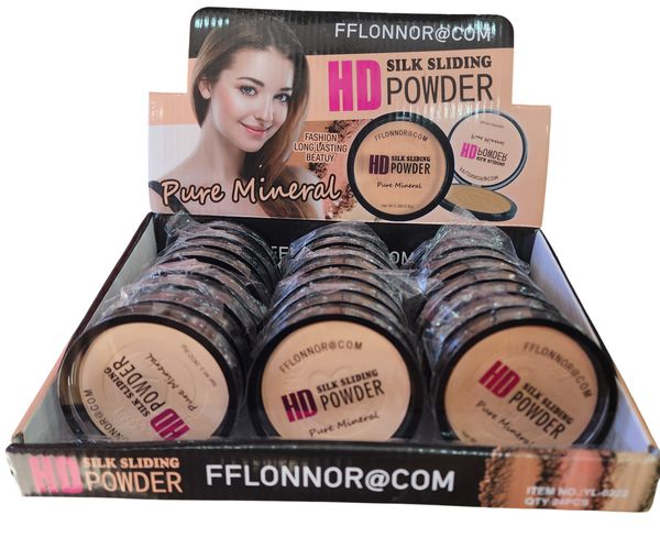Caja exhibidora con polvos compactos faciales minerales HD Silk Sliding marca Fflonnor