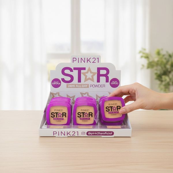 Exhibidor con polvos compactos Pink 21 Star en tonos 01, 02 y 03