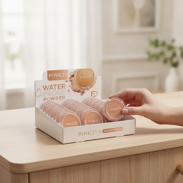 Caja exhibidora con polvos compactos waterproof marca Pink21