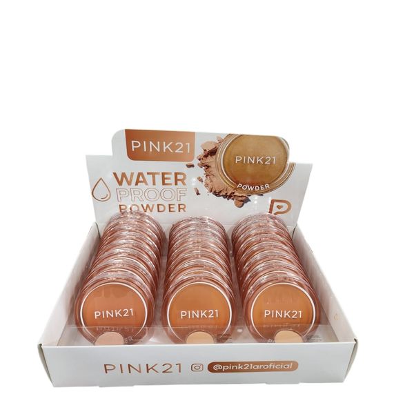 Caja exhibidora con polvos compactos waterproof marca Pink21