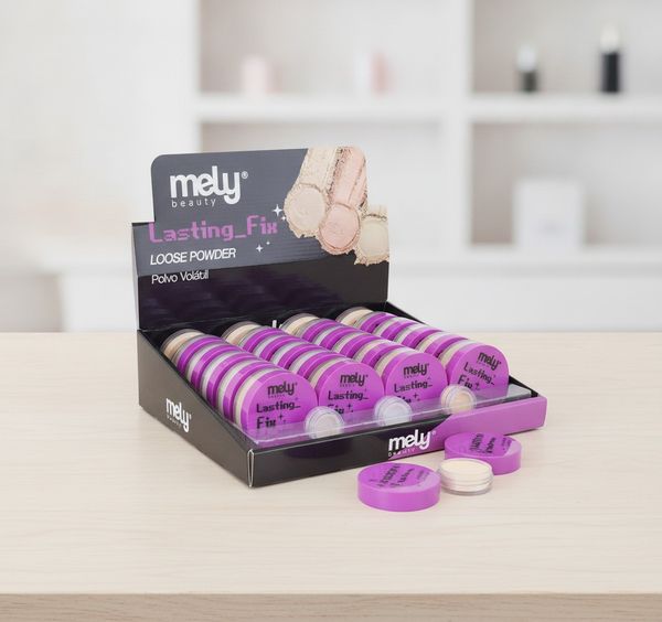 Caja exhibidora de polvos volátiles Mely Beauty Lasting Fix con potes de tapa violeta