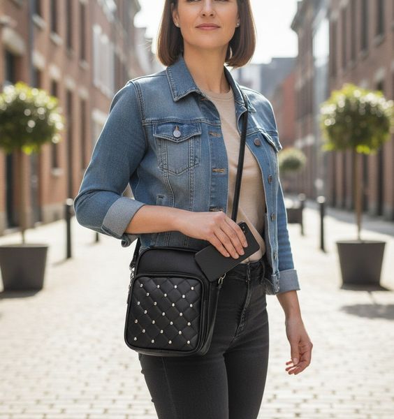 Bandolera negra con bolsillo frontal matelassé y tachas plateadas