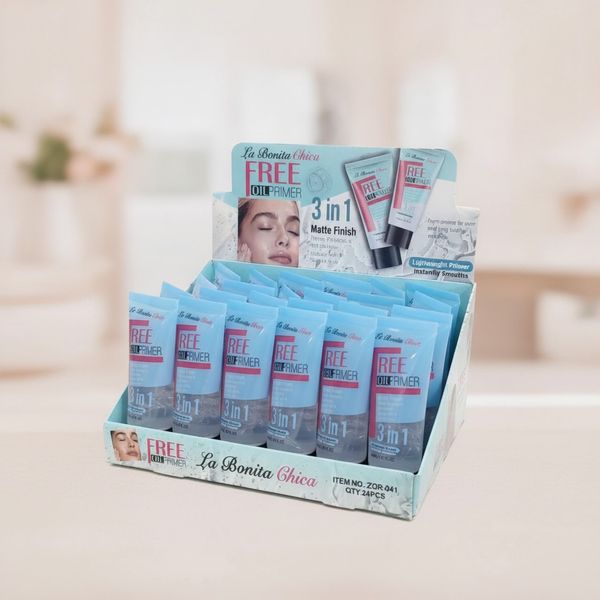 Caja exhibidora con tubos de primer facial 3 en 1 La Bonita Chica