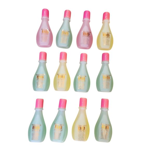 Doce botellas de quitaesmalte BB con vitamina B y tapa rosa dispuestas en tres filas