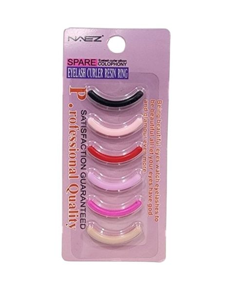 Blíster con seis repuestos multicolor de silicona para arqueador de pestañas.
