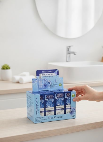 Caja exhibidora de sérum facial hidratante con ácido hialurónico Miss Vanessa