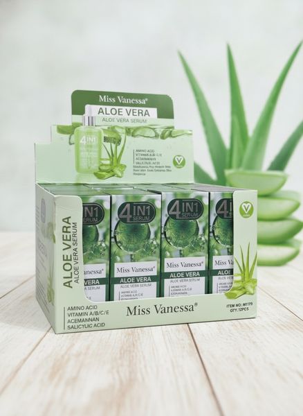 Caja exhibidora de sérum facial 4 en 1 con Aloe Vera marca Miss Vanessa