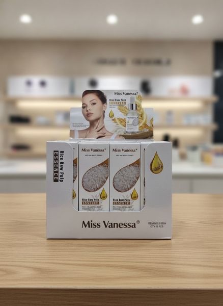 Caja exhibidora con 12 sérums faciales Miss Vanessa de arroz y ácido hialurónico