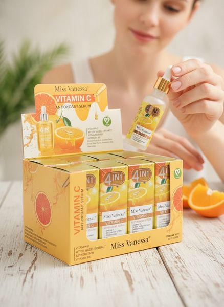 Caja exhibidora de sérum facial antioxidante con Vitamina C marca Miss Vanessa