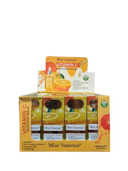 Caja exhibidora de sérum facial antioxidante con Vitamina C marca Miss Vanessa