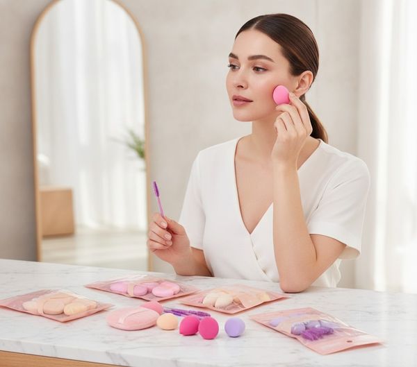 Sobres individuales de set de belleza multifuncional Mely con esponjas y cepillos en varios colores.