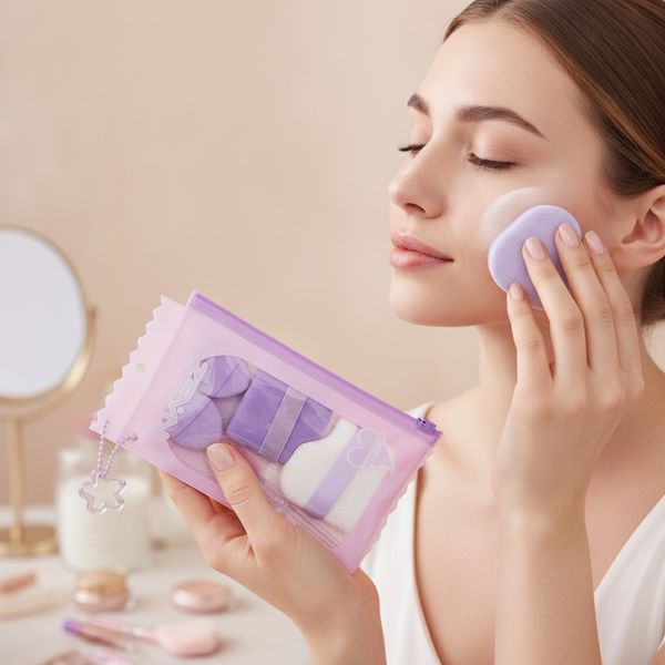 Estuches ziploc rosa con surtido de borlas y esponjas de maquillaje en tonos rosa, violeta y beige