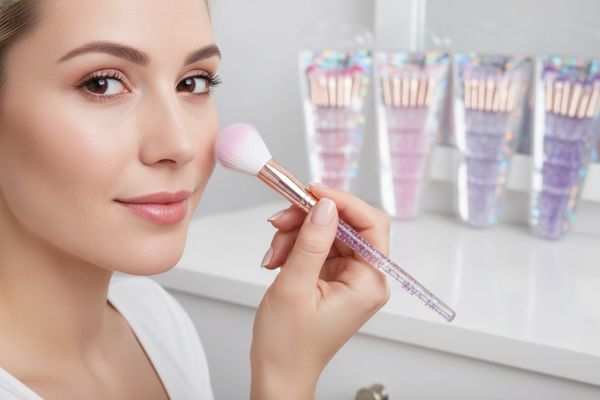Cuatro paquetes de sets de brochas para maquillaje con mangos con glitter en diferentes colores