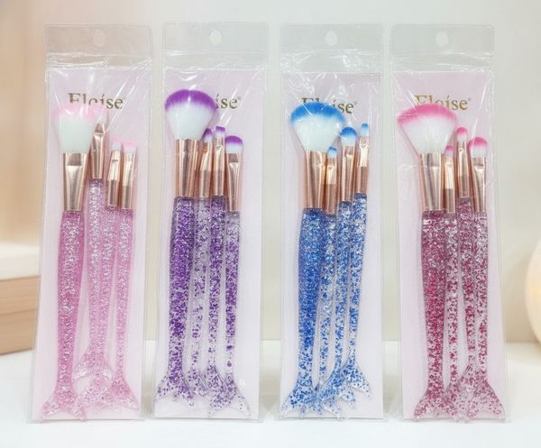 Sets de brochas de maquillaje con mango en forma de cola de sirena y glíter en blísteres individuales