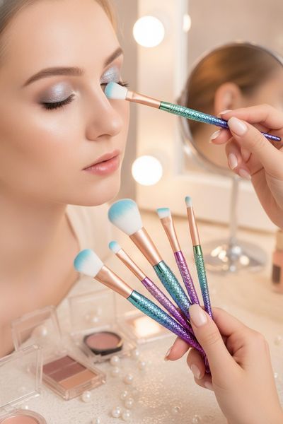 Sets de brochas de maquillaje con mango de cola de sirena brillante en empaque transparente