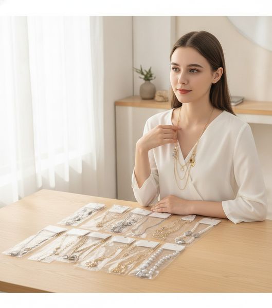 Lote de doce collares de bijouterie variados en blister individual.