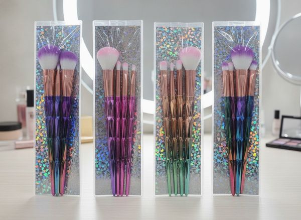 Set de brochas para maquillaje con mangos metalizados labrados en empaque individual