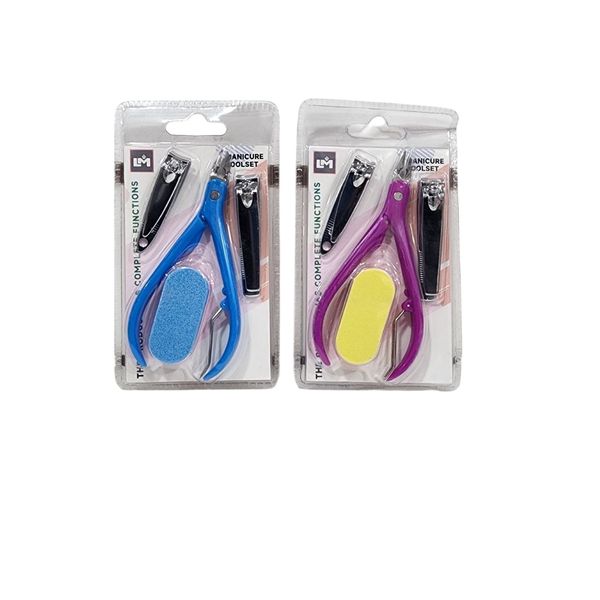 Dos blísters de set de manicuría con alicate de cutícula, cortaúñas y lima en tonos azul y violeta.