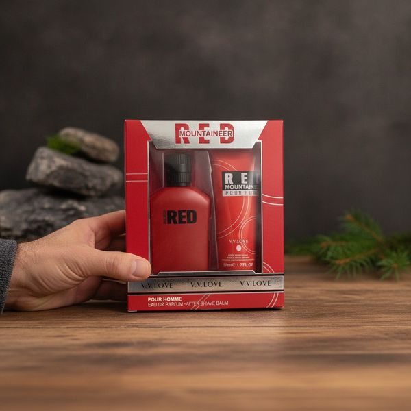 Set de perfume Eau de Parfum y bálsamo after shave Red Mountaineer V.V.Love en caja roja