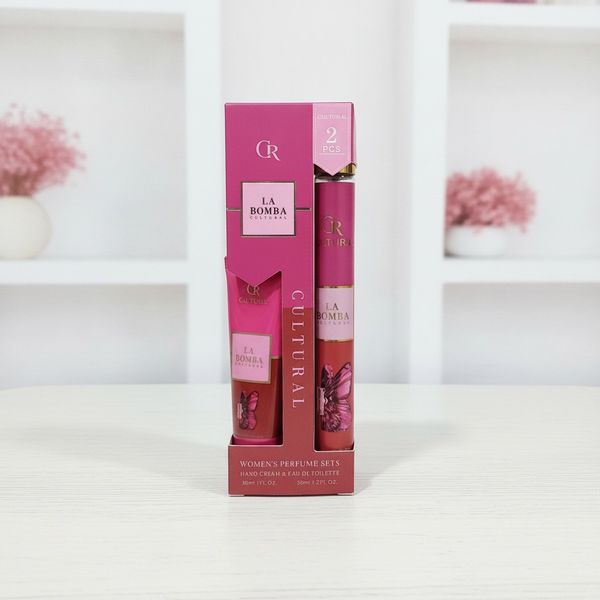 Set de perfume Eau de Toilette y crema para manos La Bomba Cultural en empaque rosado
