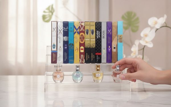 Caja exhibidora con variedad de mini perfumes de 35 ml