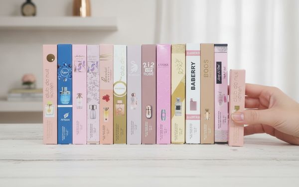 Caja exhibidora con varias cajas individuales de perfume de 35 ml surtidas