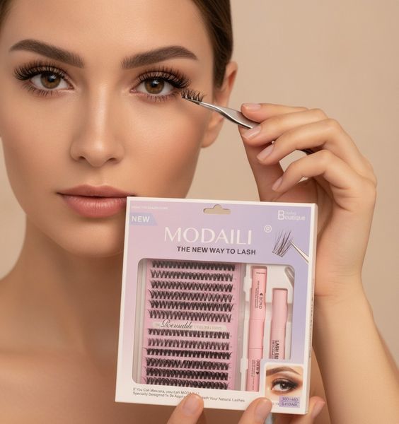Kit de pestañas postizas en racimo Modaili con adhesivo dual, removedor y pinza aplicadora