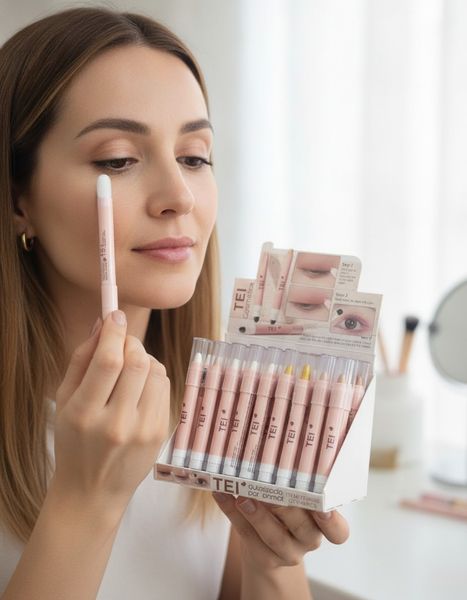 Caja exhibidora con sombras de ojos en lápiz en tonos satinados marca TEI con aplicador de esponja.
