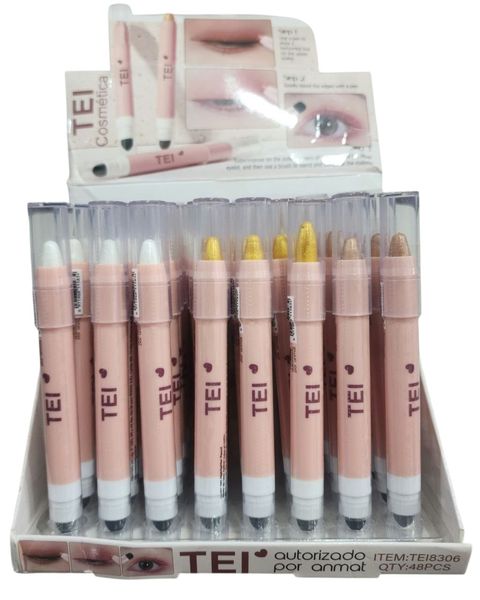 Caja exhibidora con sombras de ojos en lápiz en tonos satinados marca TEI con aplicador de esponja.