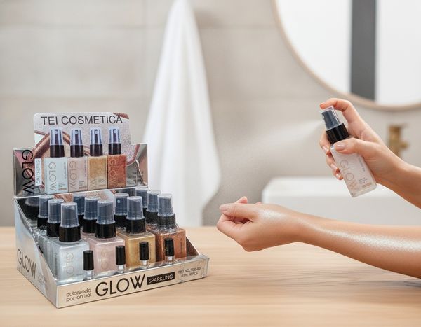 Exhibidor de spray iluminador corporal GLOW Sparkling con destellos brillantes