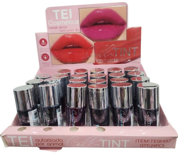 Caja exhibidora rosa con 24 unidades de tinta para labios TEI Cosmética CollaTINT.