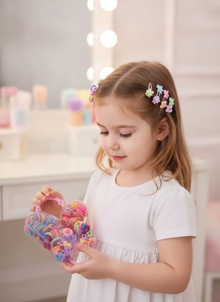 Valijita plástica transparente con forma de mariposa conteniendo colitas y mini broches multicolores para el pelo.