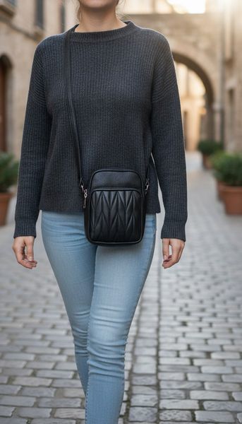 Bandolera negra con tira larga y bolsillo frontal con diseño matelaseado
