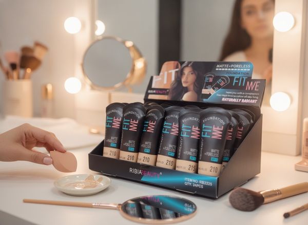 Caja exhibidora con bases de maquillaje líquidas Ribia Beauty Fit Me