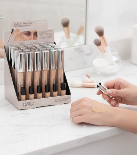 Exhibidor de bases de maquillaje líquidas con aplicador Skora Essence of You