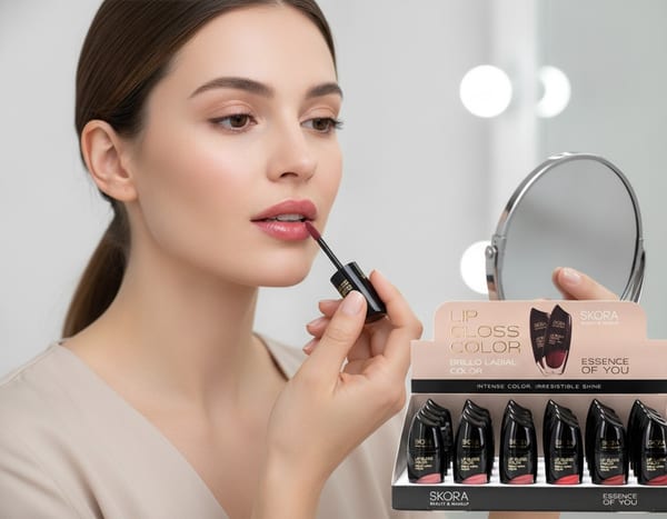 Caja exhibidora con brillos labiales Skora Lip Gloss Color en varios tonos