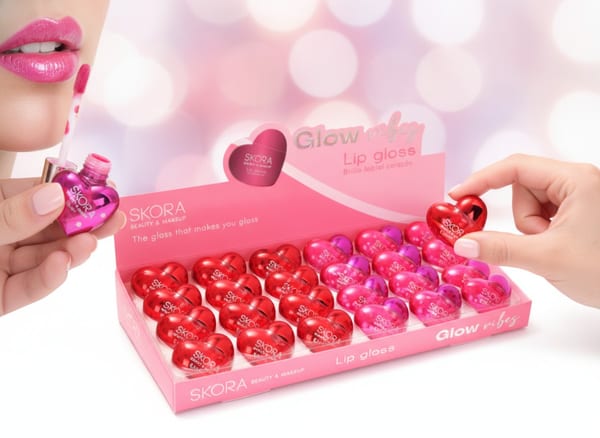 Caja exhibidora rosa con 24 brillos labiales Skora en forma de corazón rojos y fucsias.