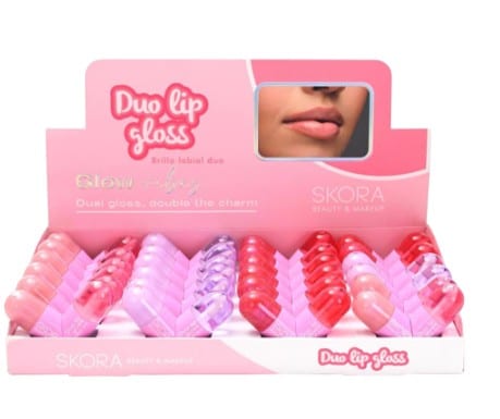 Caja exhibidora de brillos labiales dobles Duo Lip Gloss marca Skora en tonos surtidos
