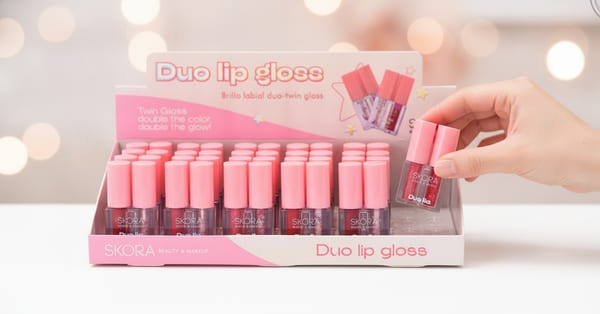 Caja exhibidora de brillo labial dúo Skora Beauty & Makeup