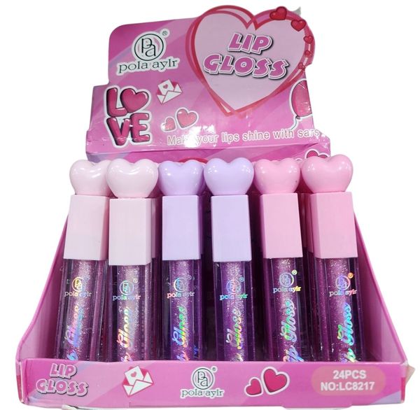 Caja exhibidora con 24 brillos labiales con glitter y tapa con forma de corazón marca Pola Aylr.