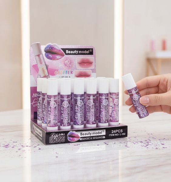 Exhibidor con 24 tubos de brillo labial 2 en 1 con glitter Beauty Model