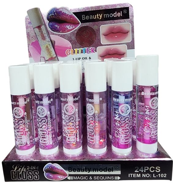 Exhibidor con 24 tubos de brillo labial 2 en 1 con glitter Beauty Model