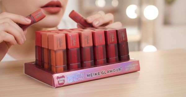 Exhibidor con 24 brillos labiales Meike Glamour Superstay en tonos variados