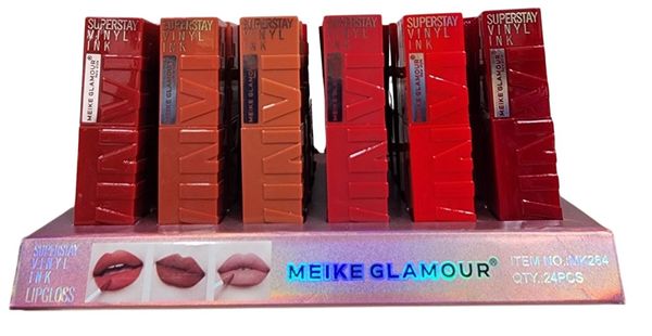 Exhibidor con 24 brillos labiales líquidos Meike Glamour de varios tonos