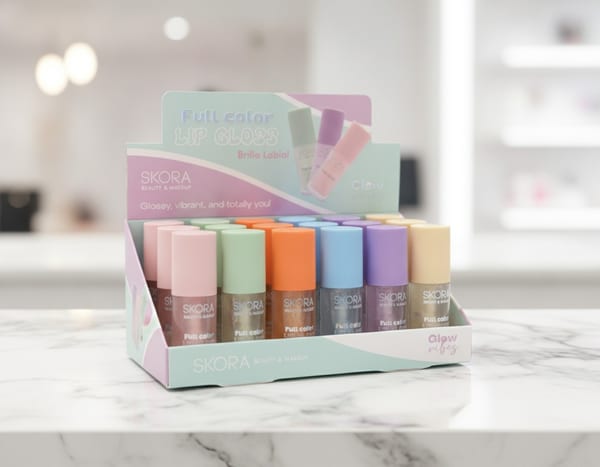 Caja exhibidora con brillos labiales marca Skora Full Color en tonos surtidos