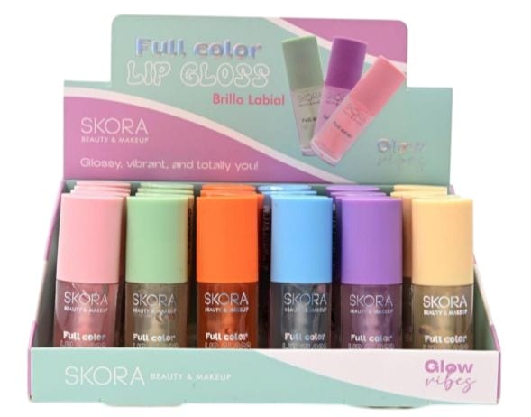 Caja exhibidora con brillos labiales marca Skora Full Color en tonos surtidos