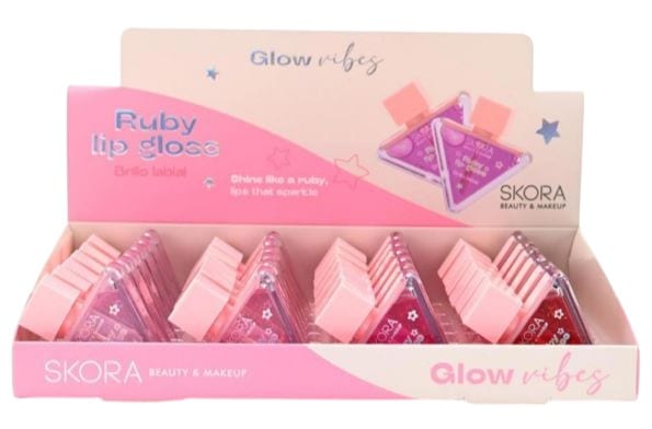 Caja exhibidora con brillos labiales triangulares Skora Glow Vibes Ruby Lip Gloss