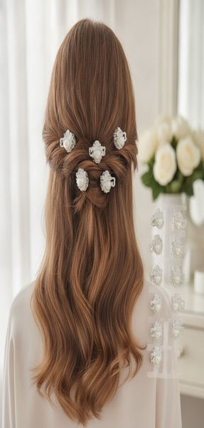 Tira exhibidora con 12 mini broches para el pelo de color claro con detalle de corazón perlado