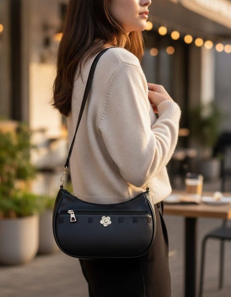 Cartera Baguette Negra Con Flor
